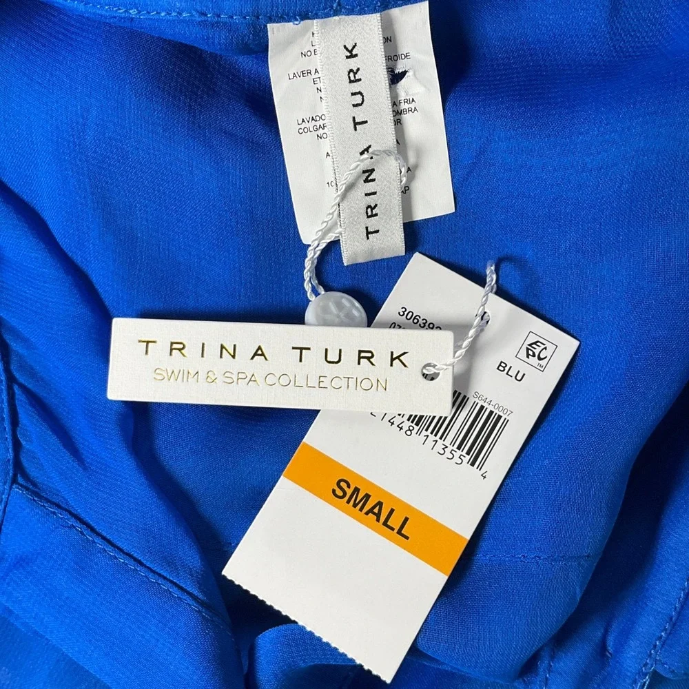 Trina Turk Swim Cover Up Dress Womens Small Blue Sheer Tie Neck Luxury NEW
